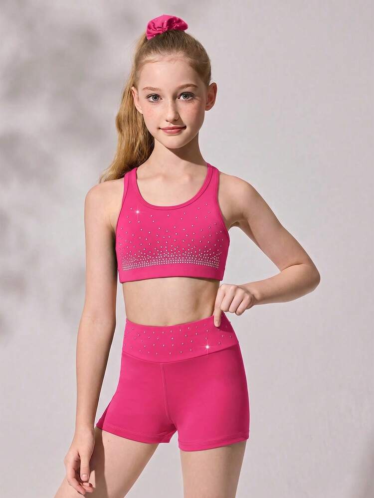 Tween Girls Active Top & Shorts Set, Fuchsia | High Stretch Fabric With Shiny Crystals Activewear Set, Gymnastics, Dance Training, Fall Winter, Autumn - Hot Pink - View 5