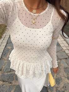 FRIFUL Women Sheer Polka Dot Print Long Sleeve Ruffle Hem Blouse, Summer Fall Top - White - View 10