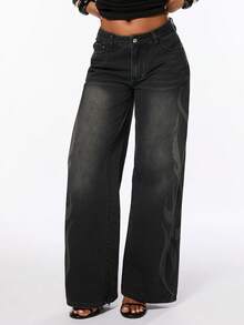 ROMWE Street Life Women's Denim Jeans Long Pants Flame Rune Print Black Street Old School Distressed Faded Cat Whisker - Black - View 5