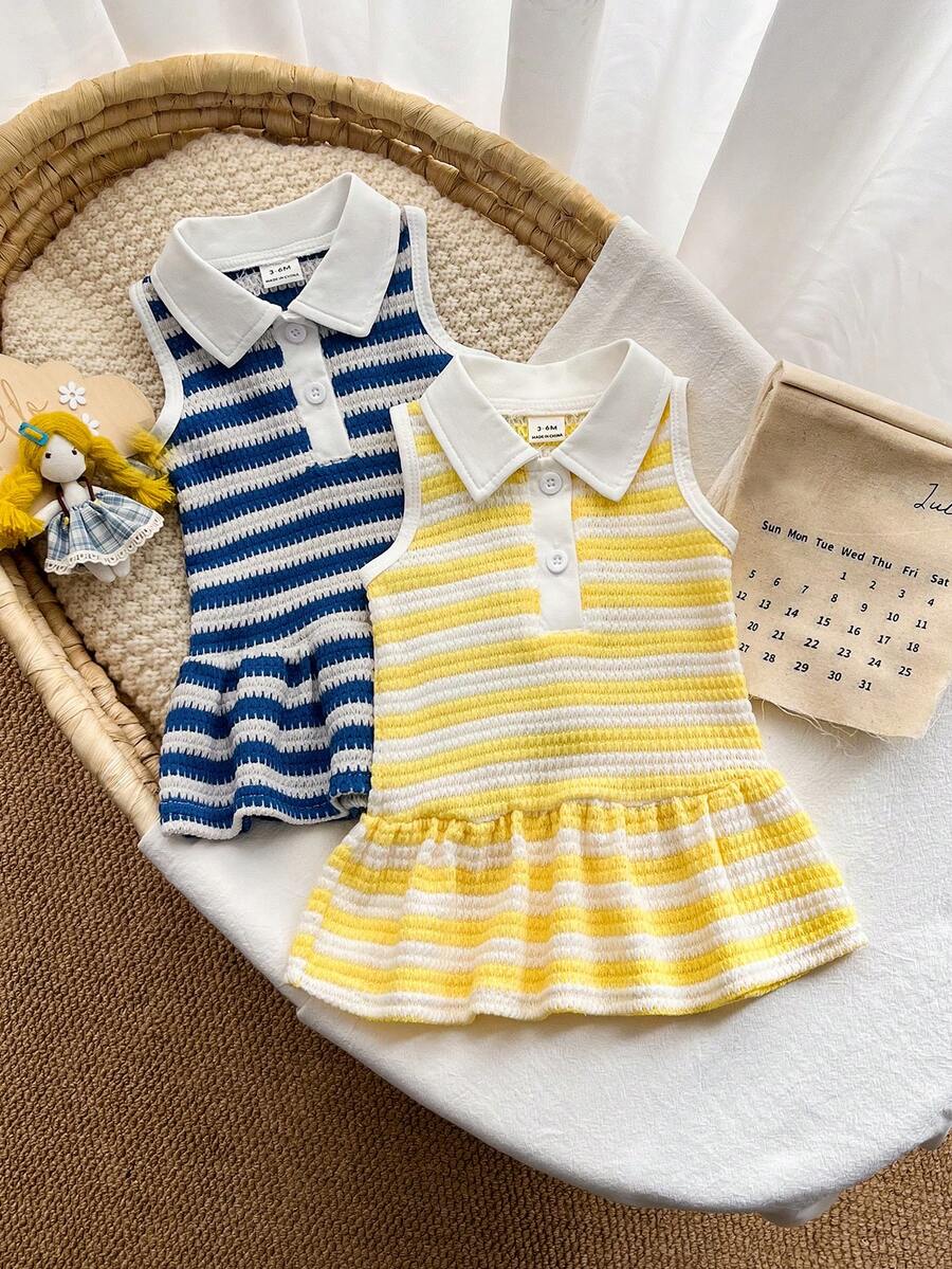 SHEIN Vintaside Kids 2件裝女嬰 Polo 領鈕扣式無袖針織提花黃藍條紋荷葉邊下擺背心洋裝,可愛休閒活力短洋裝,適合夏季日常穿著、居家、旅行與度假 - 彩色 - 查看 1