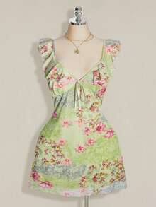 SHEIN ICON Vestido de mujer talla grande con estampado floral, patchwork, volantes en el bajo y lazo delantero - verde menta - Ver 1