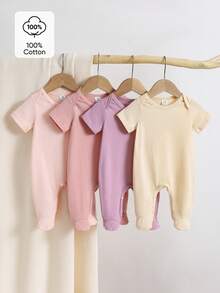 SHEIN 4pcs Newborn Spring/Summer Jumpsuit Set, Made Of Solid Color Design, Soft And Skin-Friendly Fabric, Suitable For Children's Casual Wear - Multicolor - View 4