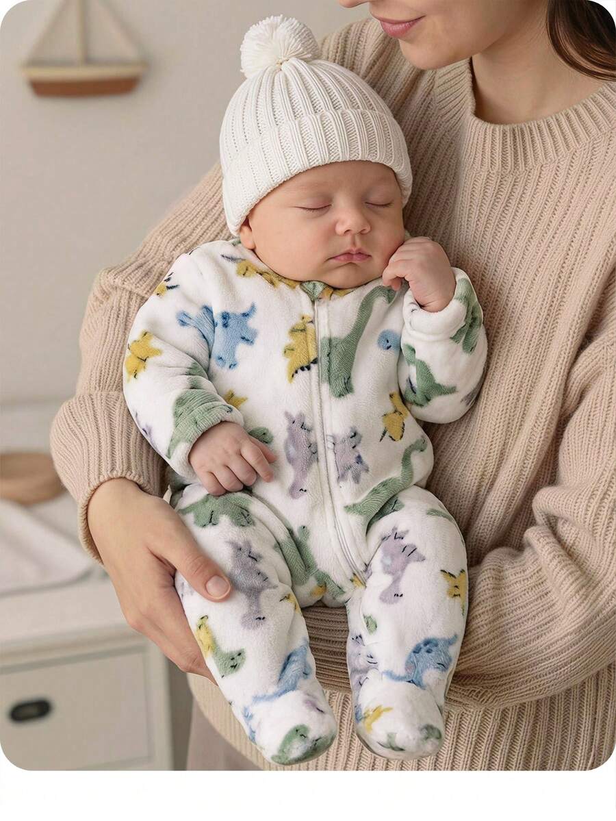 新生兒男嬰可愛秋冬款毛茸茸卡通圖案居家連身衣 - 米色 - 查看 1