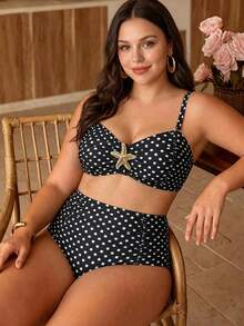 Swim Chiccia Plus Size Black Swimwear Set With Metal Starfish Decoration Simple Sexy Elegant European And American Style Party Vacation Summer - Black and White - View 2