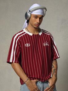 FRESIVO Men's Striped Pattern Colorblock Drop Shoulder Short Sleeve Crew Neck T-Shirt - Red - View 4