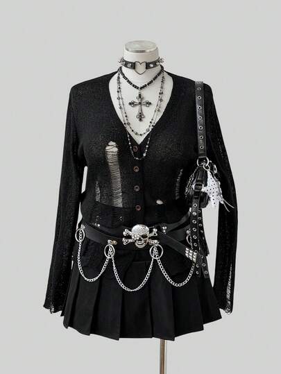 Sunspun Autumn/Winter Fashion Design Dark Niche Distressed Punk Style Black V-Neck Hollow Knit Slimming Versatile Cardigan
