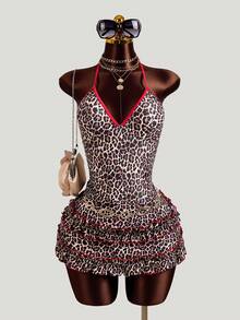 Zestiva Women's Leopard Print Colorblock Halter One-Piece Swimsuit, Suitable For Beach Vacation, Pool Party, Beach Party - Multicolor - View 1