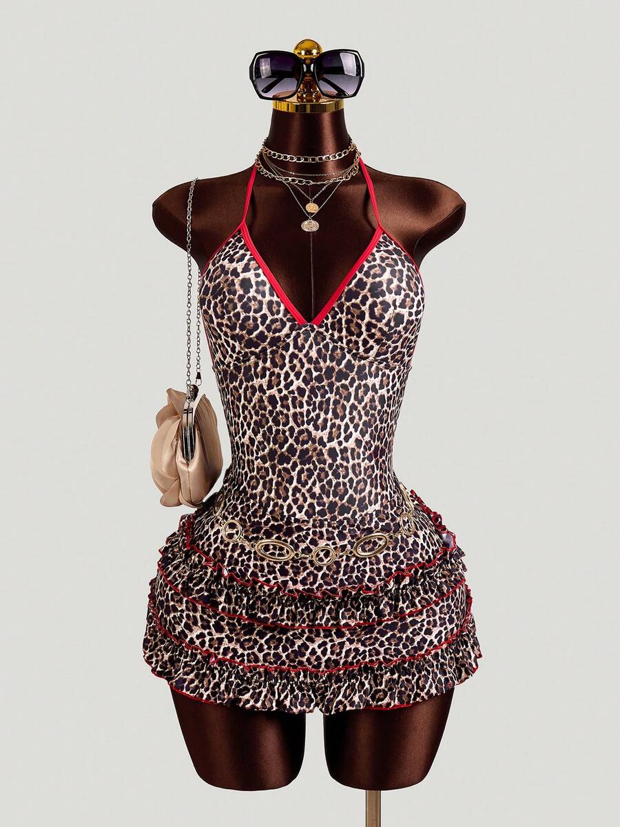 Zestiva Women's Leopard Print Colorblock Halter One-Piece Swimsuit, Suitable For Beach Vacation, Pool Party, Beach Party - Multicolor - View 1