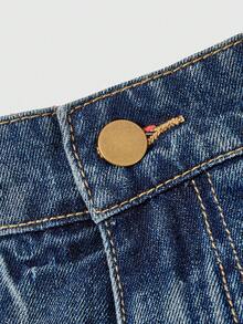 ROMWE Kawaii Vintage Cute Pastoral Plaid Apple Button Embroidered Ultra Low Waist Mini Denim Skirt - Blue - View 3
