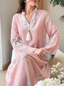 Al Najma Floral Print Decorated Tassel Women's Turkish Kaftan & Arabic Traditional Long Shirt - Pink - View 5