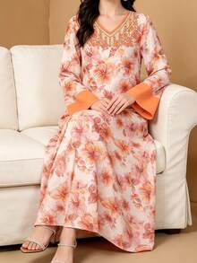 SHEIN Najma 復古橘色花卉領口仿刺繡印花女款時尚V領長袖花卉洋裝，花卉圖案淺粉色優雅長裙，橘色拼接袖口設計，舒適女裝適合春夏季 - 彩色 - 查看 3
