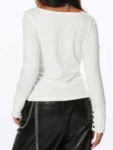 ROMWE Women's Long Sleeve T-Shirt, Ink Graffiti Slogan, White Sleeve, Button Split Hem, Hot Girl All-Match Versatile Streetwear - White - View 10