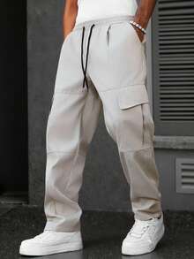 Manfinity Hypemode Men's Casual Fashion Street Solid Color Drawstring Waist Flap Pocket Cargo Pants - Grey - View 1