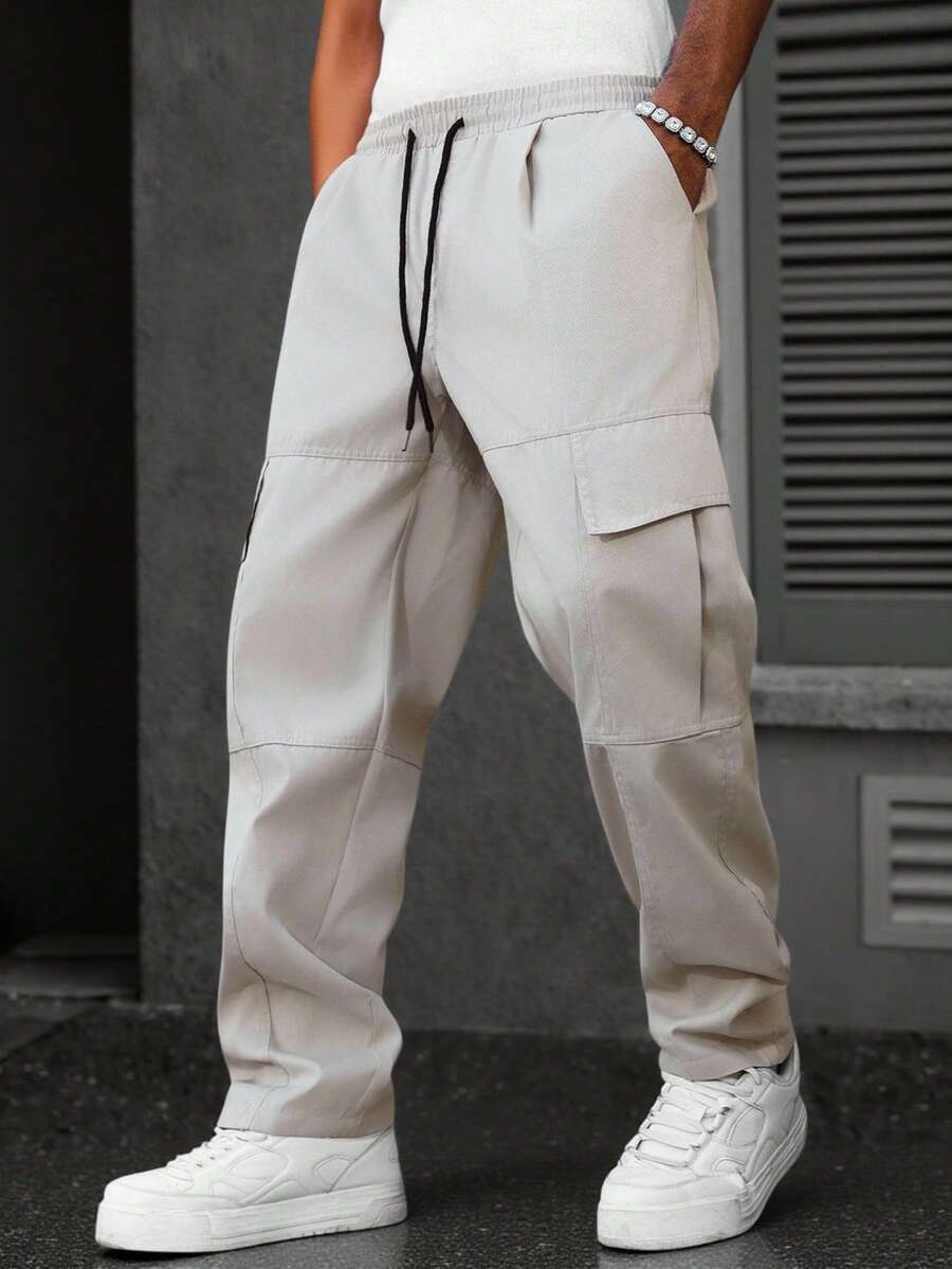 Manfinity Hypemode Men's Casual Fashion Street Solid Color Drawstring Waist Flap Pocket Cargo Pants - Grey - View 1