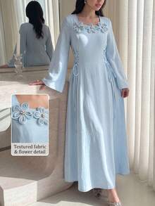 SHEIN Najma 方領優雅3D花卉裝飾長袖繫腰女款阿拉伯風洋裝 - 藍色 - 查看 7