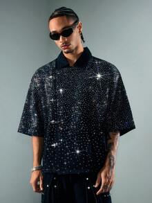 ROMWE MEN Street Life Chaqueta vaquera con cierre de hebilla de avión y solapa oblicua para hombres - Azul - Ver 5