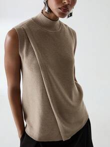 ATUI Studio Women's Taupe Overlap Wool Blend Knit Top – Soft Pullover, Elegant Minimalist Casual For Summer Beach Office, Party Vacation - Khaki - View 3