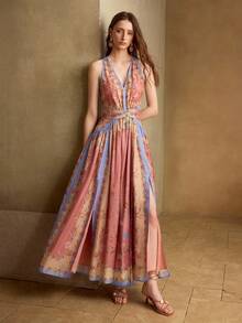 MOTF PREMIUM WOMEN'S AUTUMN/WINTER V-NECK PLACED PRINT WAIST CUTOUT DESIGN LONG DRESS - Multicolor - View 2