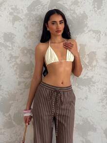 Glamine 女款棕色與白色棉麻長褲 寬腿休閒褲 適合海灘度假、日常穿著、鄉村風、秋季優雅自然 - 棕色 - 查看 4