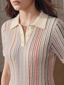 Anewsta Essential 女款夏季彩色條紋 Polo 領短袖上衣，可愛休閒設計 - 杏色 - 查看 2