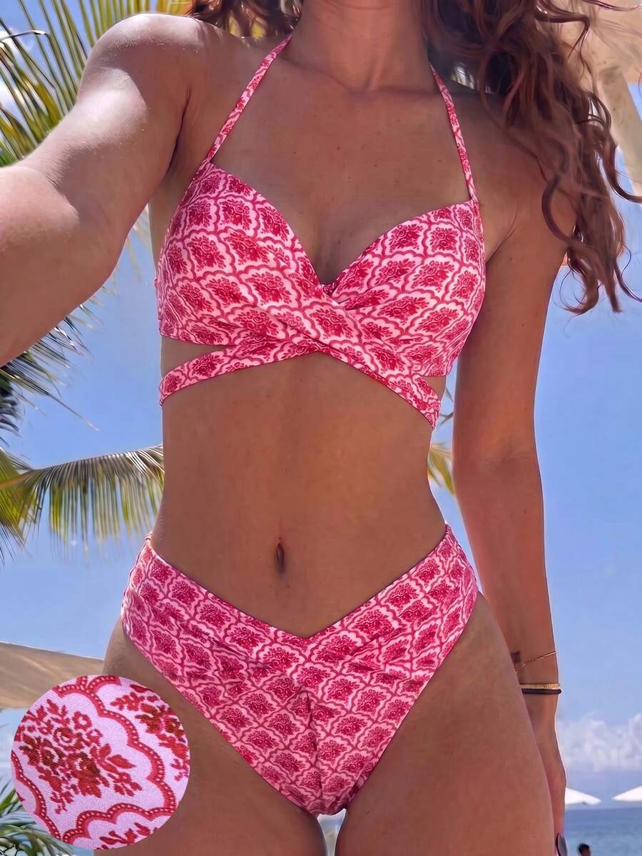 Swim Vcay 女款度假海灘印花鏤空性感掛脖綁帶比基尼兩件式泳衣,無鋼圈 - 紅色 - 查看 1