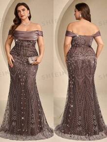 Coutiva Plus Size Sequin Long Formal Evening Gown (Heavy Embellishment Style) - Brown - View 3