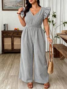 Weeklong Plus Size Women's Fashion Casual Black And White V-Neck Flutter Sleeve Cinched Waist Wide Leg Jumpsuit, Suitable For Spring/Summer, Vacation, Holiday - Black and White - View 6