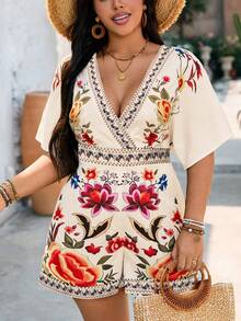 SHEIN Clasi Plus Size Women's Summer Casual Beach Vacation Embroidery Faux Floral Print Short Sleeve V-Neck Cinched Waist Loose Shorts Romper - Apricot - View 7
