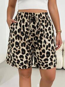 Shapeblank Plus Size Leopard Print Comfortable Casual Shorts With Pockets - Brown - View 7