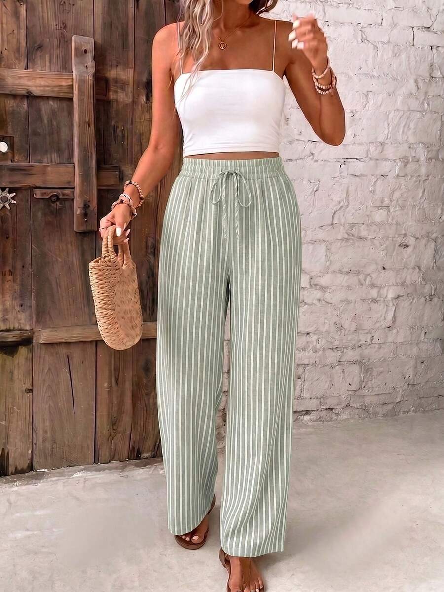 SHEIN Frenchy Women's Casual Striped Straight Leg Pants For Vacation Beach Green And White Autumn - Green - View 1
