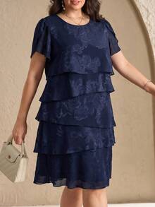 Reflora Vestido de verano elegante de talla grande con unicolor y capas con recortes - Azul - Ver 4