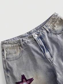 ROMWE MEN 男士刺繡圖案寬鬆牛仔短褲 - 藍色 - 查看 5