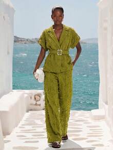 Aveloria Modichic Summer/Autumn Premium Olive Green Runway Style 3D Tassel Cut Fabric Set, Mature Minimalist Style, Loose Fit Blazer With Dropped Shoulders, Lapel Short Sleeve Top, Cinched Waist With Metal Buckle Belt Design, Loose Straight Leg Pants, Versatile For Commute, Daily Wear, Office, Vacation - Army Green - View 7