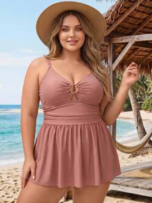 SHEIN CURVE+ Plus Size Women's Solid Color Ruched Spaghetti Strap Swim Dress, Suitable For Summer Vacation And Beach Orange Sexy - Dusty Pink - View 3