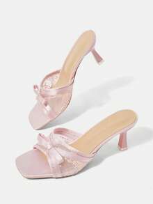 CUCCOO HITCHD Sandalias de tacón alto con punta cuadrada de satén rosa y encaje estilo francés suave, tacón de aguja con lazo, zapatos de tacón alto para mujer - Rosa - Ver 6