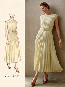 MOTF PREMIUM SPRING/SUMMER ELEGANT METAL BUCKLE BELTED PLEATED DRESS - Yellow - View 2