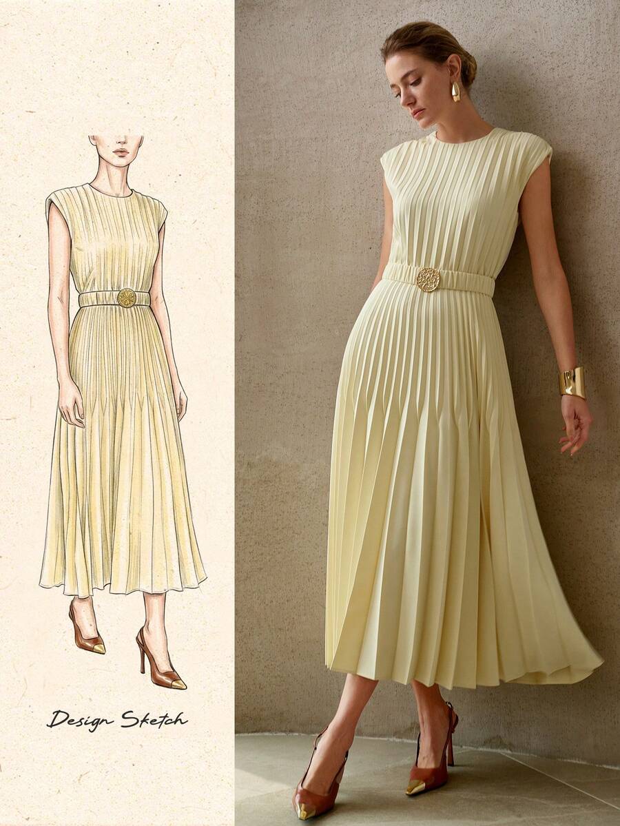 MOTF PREMIUM SPRING/SUMMER ELEGANT METAL BUCKLE BELTED PLEATED DRESS