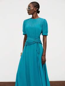Aveloria Modichic French Elegant Women's Vacation Chiffon Dress With Pleated Chest, Exquisite Pleated Waist And Drawstring Design, Slimming Short Sleeve Long Dress, Ruched Round Neck, Tie Waist, High Waist, Fitted A-Line Silhouette, Patchwork Design, Blue-Green Lake Blue Solid Color, Lightweight Soft Draping, Summer Commute Casual Travel Vacation Wedding Mother's Day Graduation Holiday Outfit, Romantic Summer Style - Blue - View 3
