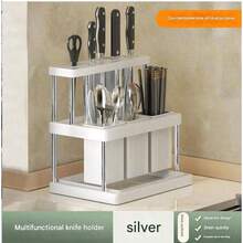 SHEIN 1Pc Multifunctional Knife And Fork Holder Rack,Space Saving Utensil Holder With Removable Water Catch Tray,Utensil Drainer For Kitchen Sink Countertop Green&White Chopsticks Rack Organizer For Knife,Spoon, Fork For Kitchen Bathroom Restaurant,Plastic Version - Multicolor - View 4