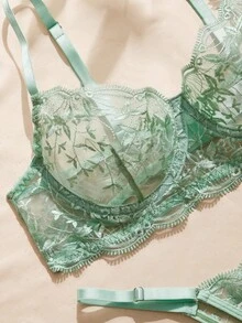 Charlaine Embroidered Mesh Bra And Panty Lingerie Set - Mint Green - View 3
