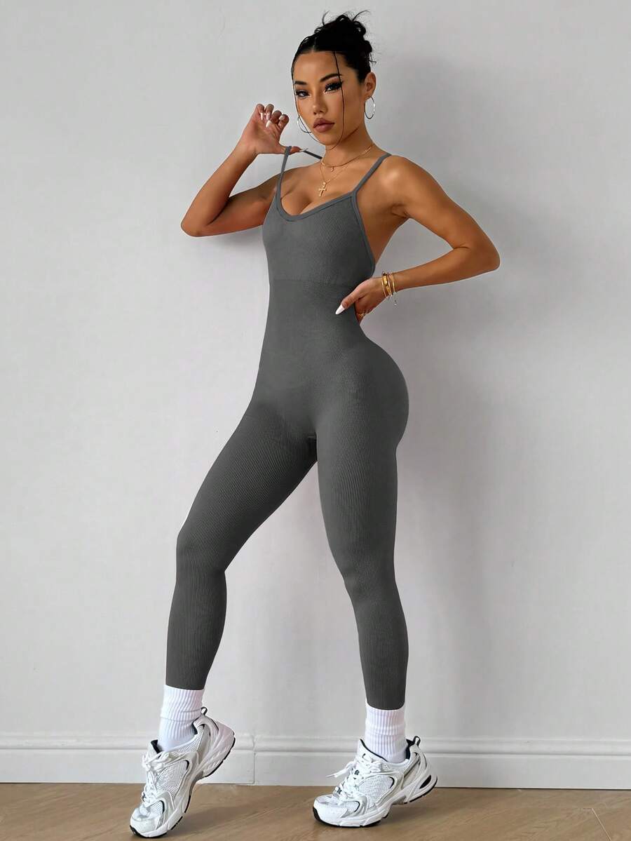 Slayform Slayform Women's Yoga Ribbed Jumpsuit Pants - Dark Grey - View 1