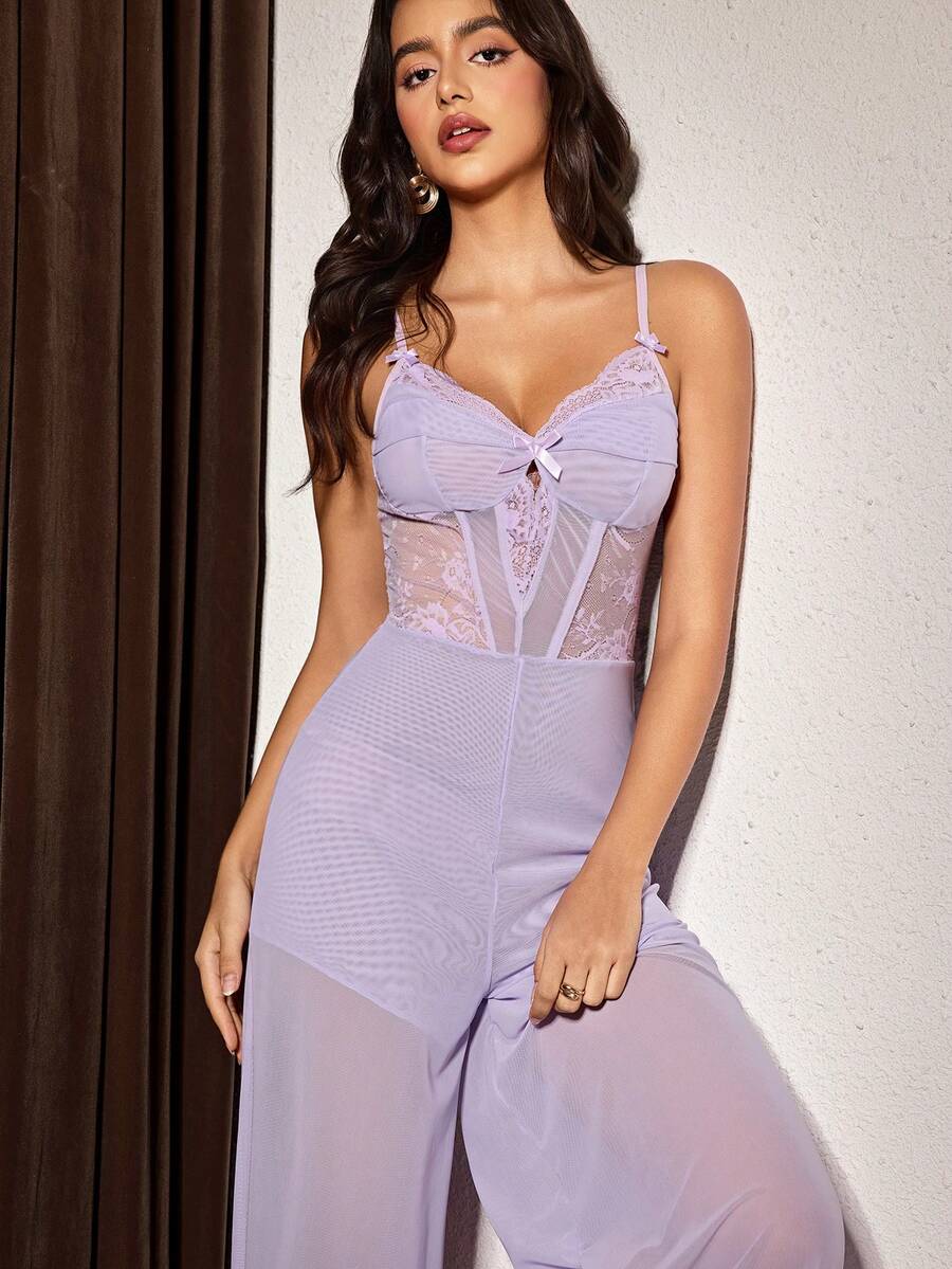 Slumberist Lavender Bow Lace Contrast Mesh Sexy Sheer Wide Leg Jumpsuit Pajamas - Purple - View 1
