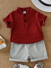 SHEIN Playful Pals 2 piezas Conjunto completo de camiseta de manga corta con cuello alto elegante y minimalista y pantalones de color contrastante para niño bebé, adecuado para ropa de verano para niños pequeños - Multicolor - Ver 4