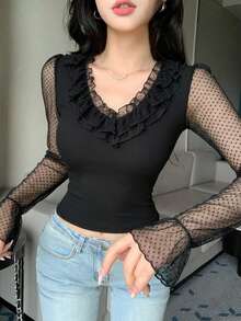 DAZY 女款夏季黑色蕾絲飾邊拼接婚禮宴會派對洋裝，修身優雅通勤透視網紗長袖T恤上衣 - 黑色 - 查看 4