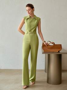 MOTF PREMIUM COLLARED HALF BUTTON SLEEVELESS JUMPSUIT - Green - View 4