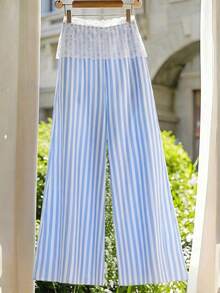 Selianne Fabric Contrast Lace Striped Elegant Chic Conservative Sexy Romantic Casual Minimalist Women's Long Pants Beach Vacation Blue White Striped Autumn - Blue and White - View 6