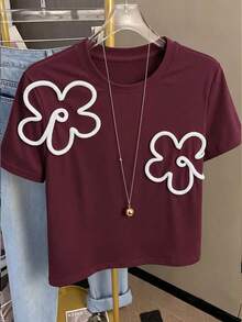 Resyla Women's Summer Casual 3D Floral Decor T-Shirt - Burgundy - View 3