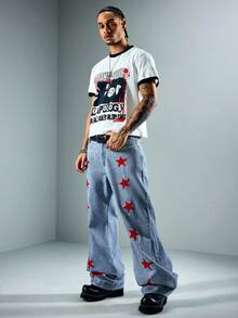 ROMWE MEN Street Life Men's Star Pattern Button Zipper Low Waist Straight Leg Jeans - Blue - View 7