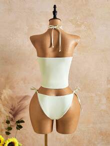 Swim Glamine Summer Sweet Sexy Tropical Cherry Plaid Tank Bikini Set Beach Party White Floral - Light Yellow - View 2