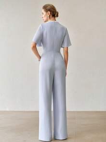MOTF PREMIUM CONTRAST TRIM SHORT SLEEVE OVERLAP COLLAR JUMPSUIT - Blue - View 6